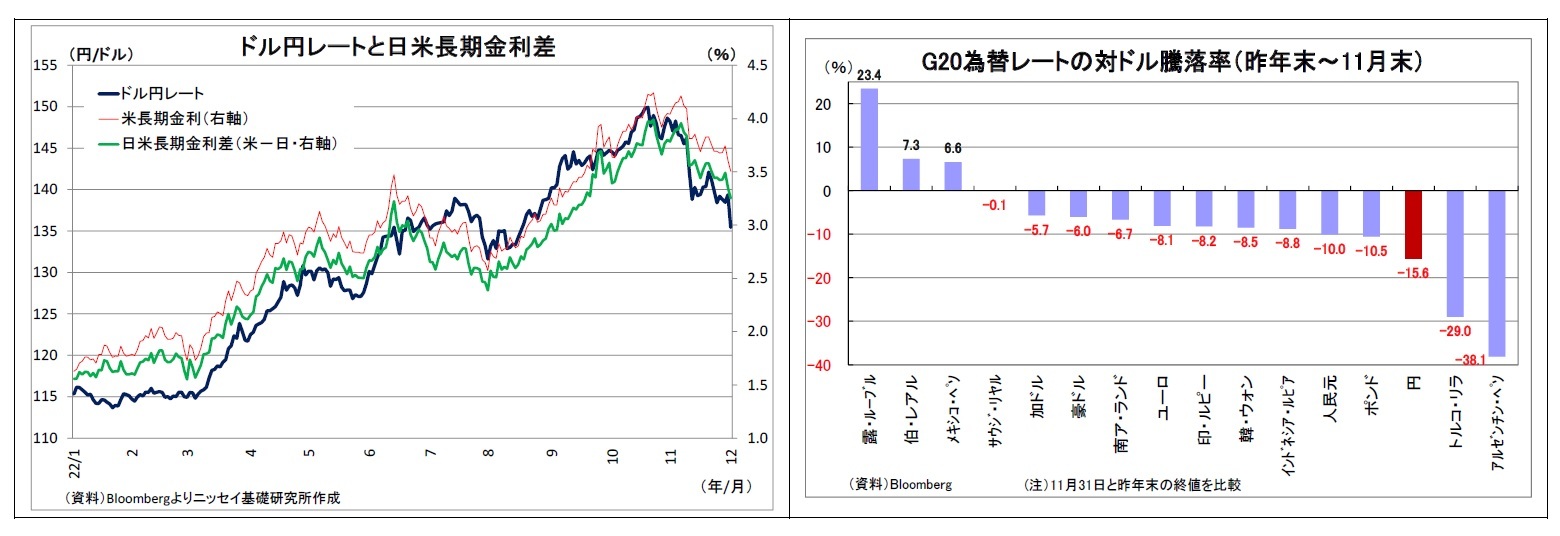 ドル円レートと日米長期金利差/ 
G20為替レートの対ドル騰落率（昨年末～11月末）