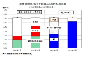 消費者物価（除く生鮮食品）の内訳の比較（1982年2月vs2022年10月）