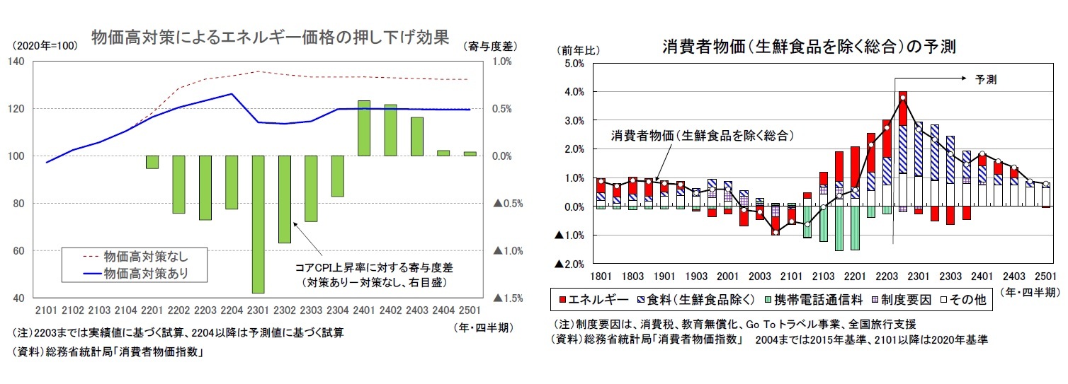 物価高対策によるエネルギー価格の押し下げ効果/消費者物価（生鮮食品を除く総合）の予測