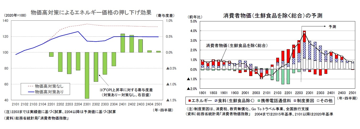 物価高対策によるエネルギー価格の押し下げ効果/消費者物価(生鮮食品を除く総合)の予測