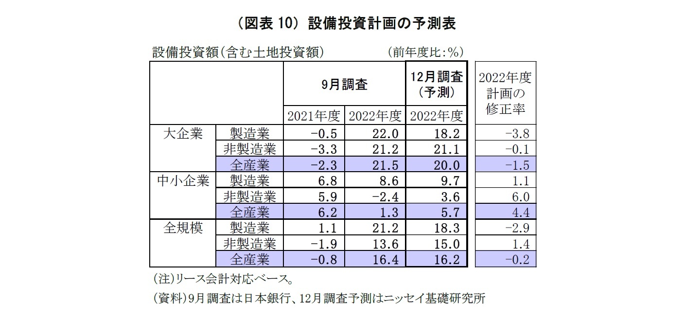 （図表10）設備投資計画の予測表