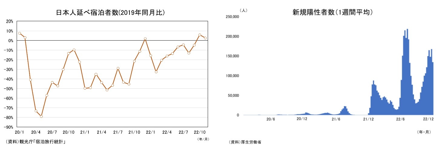 日本人延べ宿泊者数(2019年同月比)/新規陽性者数(1週間平均)