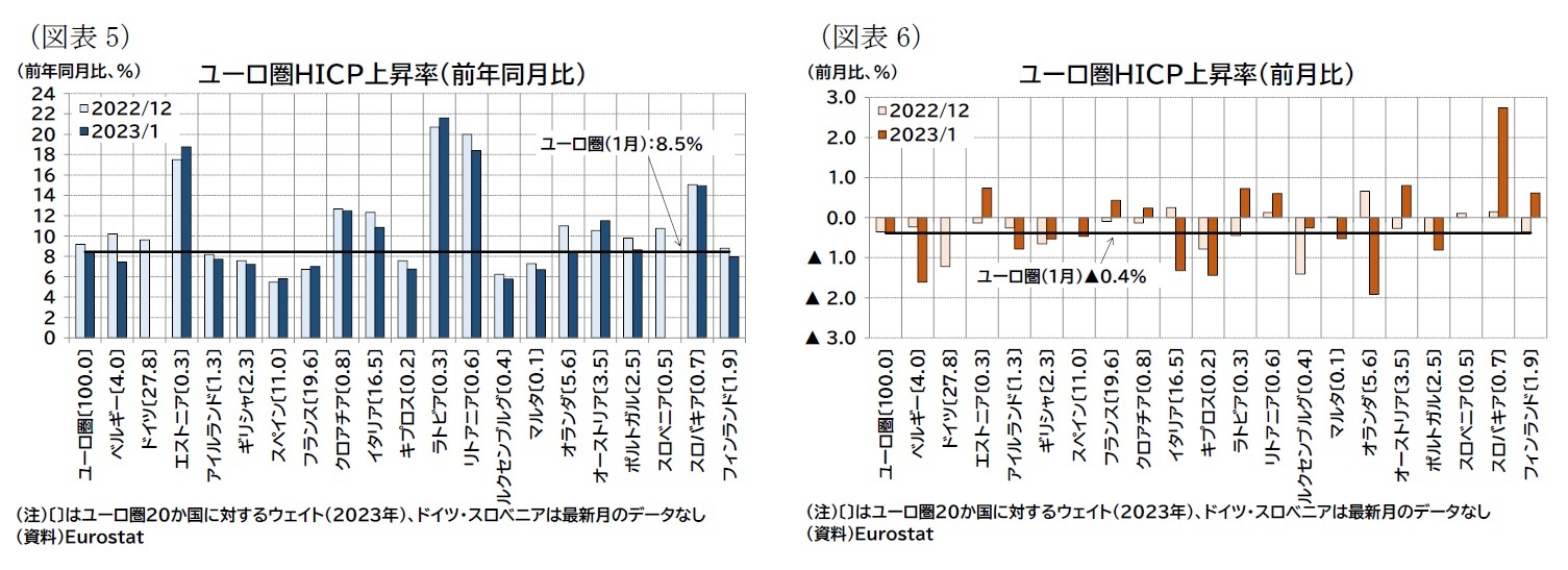 （図表5）ユーロ圏ＨＩＣＰ上昇率（前年同月比）/（図表6）ユーロ圏ＨＩＣＰ上昇率（前月比）