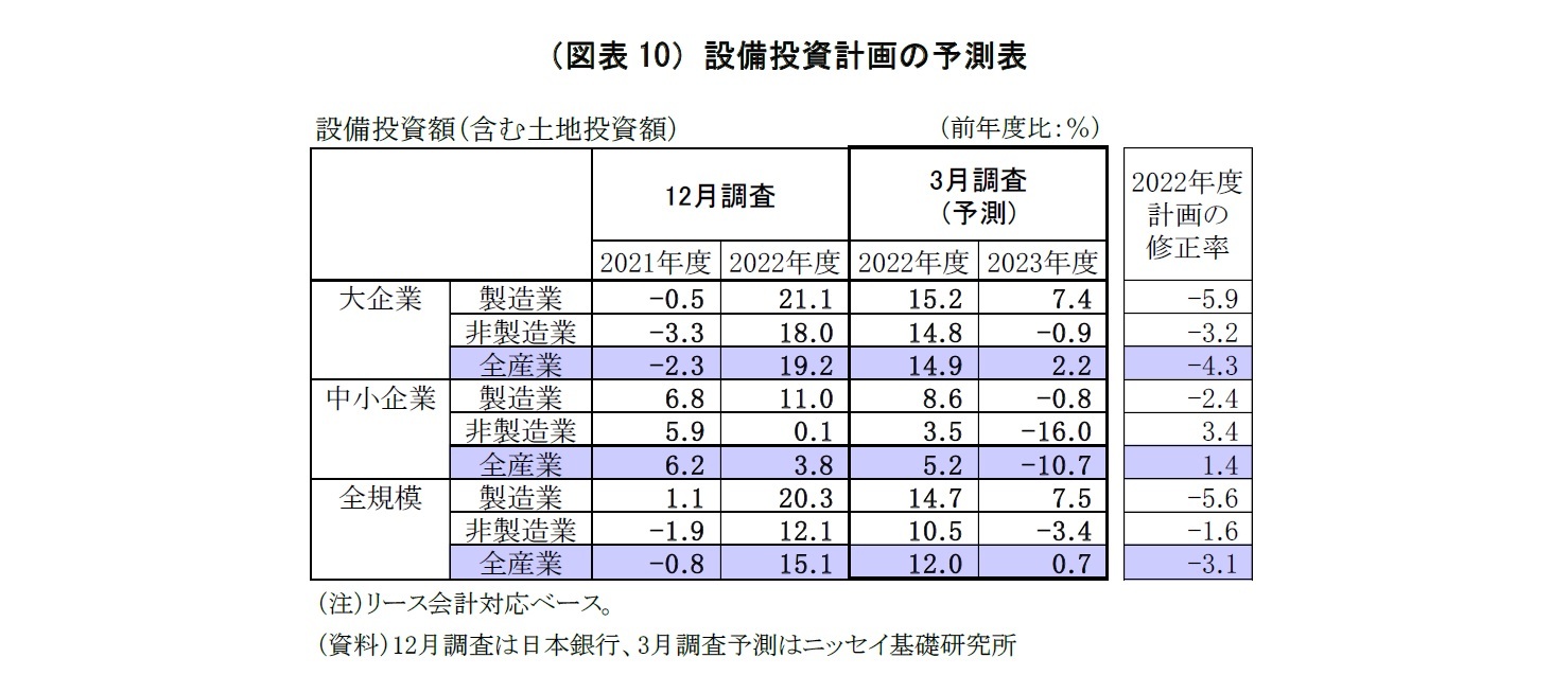 （図表10）設備投資計画の予測表