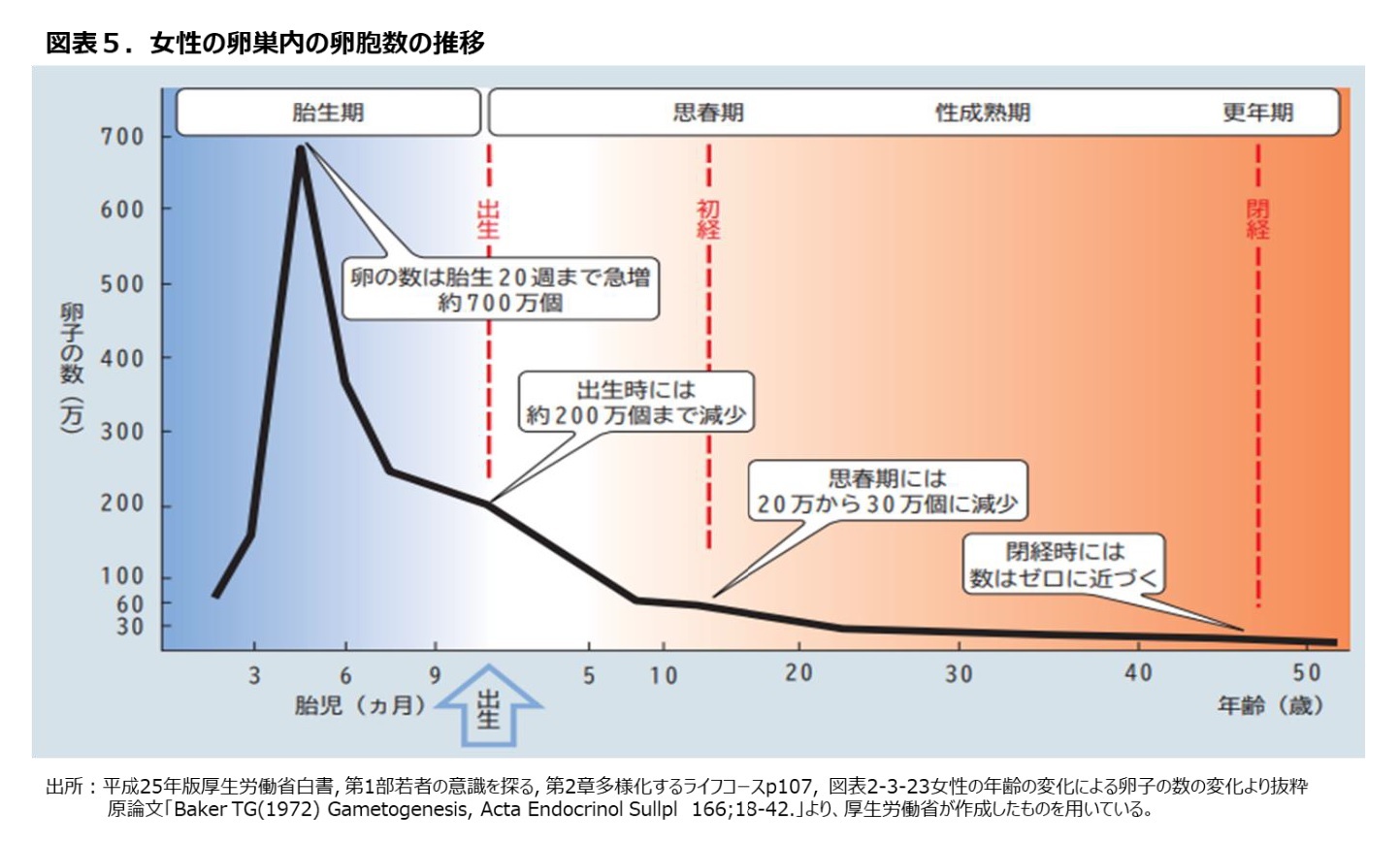 図表５.女性の卵巣内の卵胞数の推移