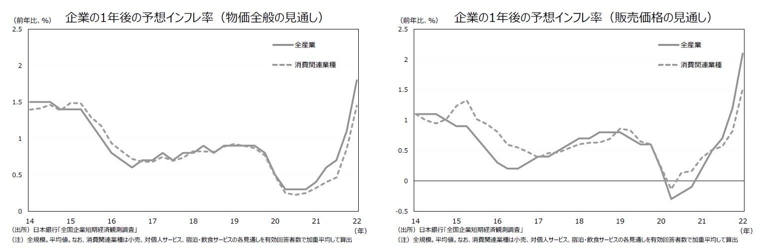 企業の1年後の予想インフレ率（物価全般の見通し）/企業の1年後の予想インフレ率（販売価格の見通し）