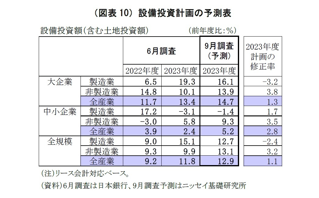 （図表10）設備投資計画の予測表