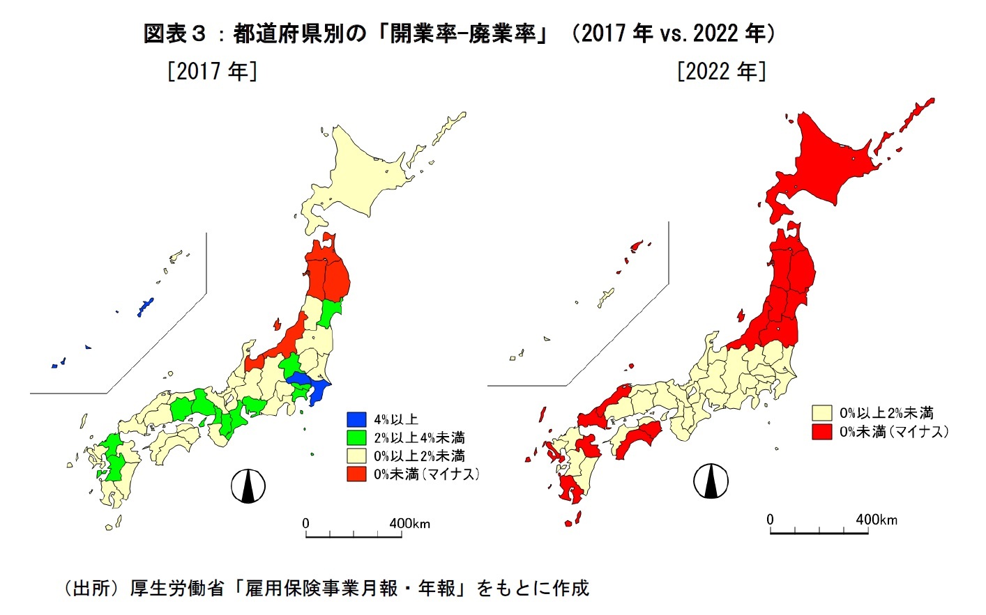 図表３：都道府県別の「開業率-廃業率」（2017年vs.2022年）