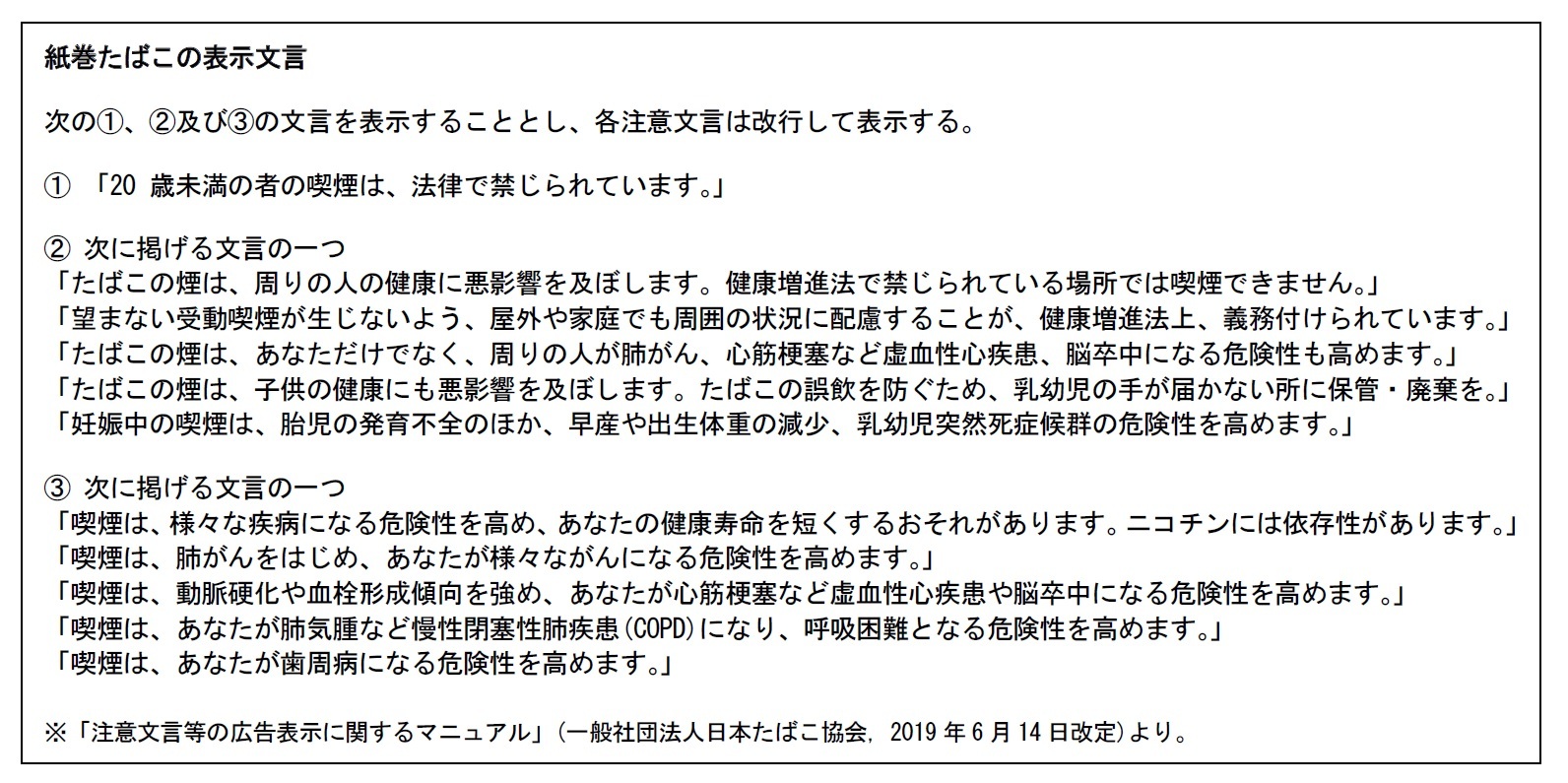 紙巻たばこの表示文言