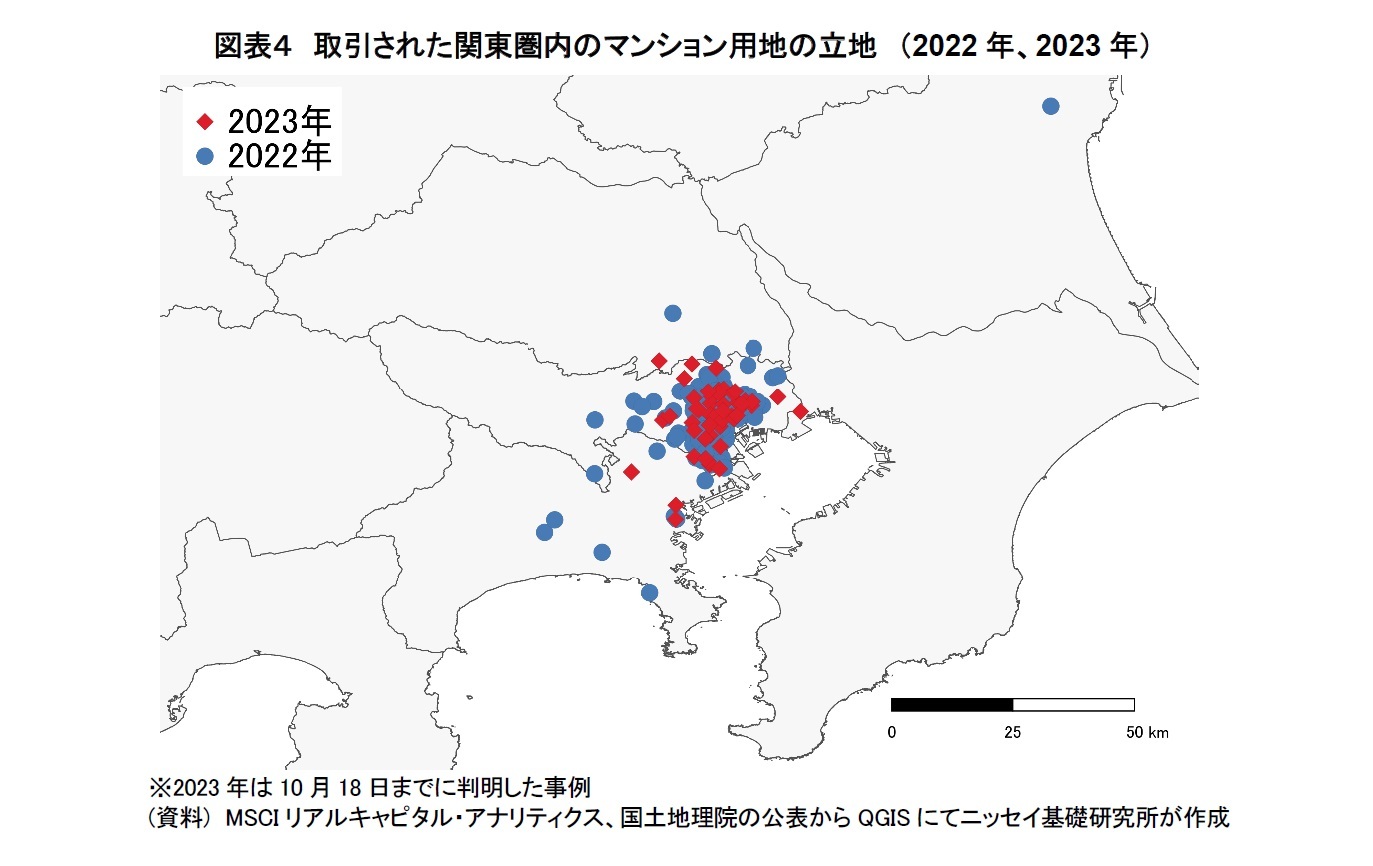 図表４　取引された関東圏内のマンション用地の立地（2022年、2023年）