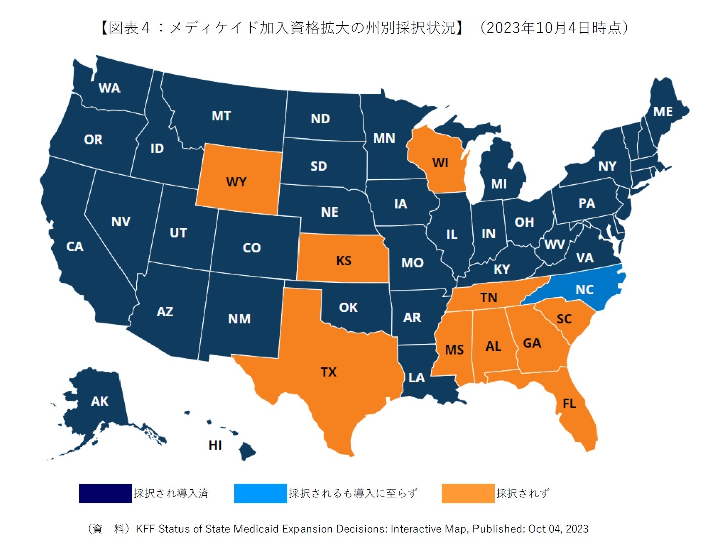 図表４：メディケイド加入資格拡大の州別採択状況(2023年10月4日時点)