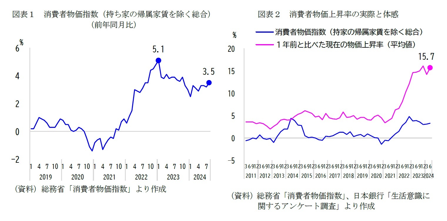 図表１　消費者物価指数（持ち家の帰属家賃を除く総合）/図表２　消費者物価上昇率の実際と体感
