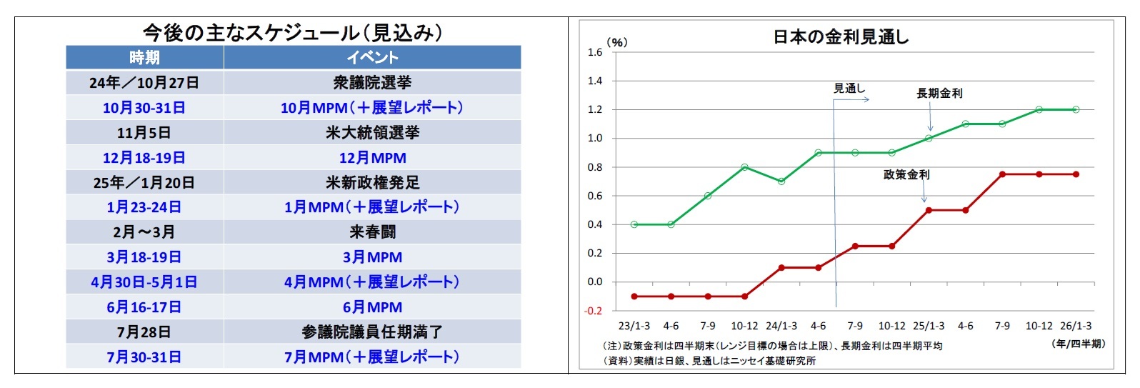 今後の主なスケジュール(見込み)/日本の金利見通し