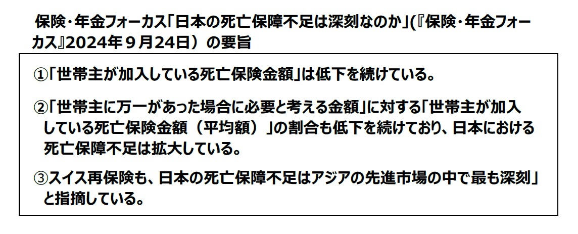 保険・年金フォーカス「日本の死亡保障不足は深刻なのか」の要旨