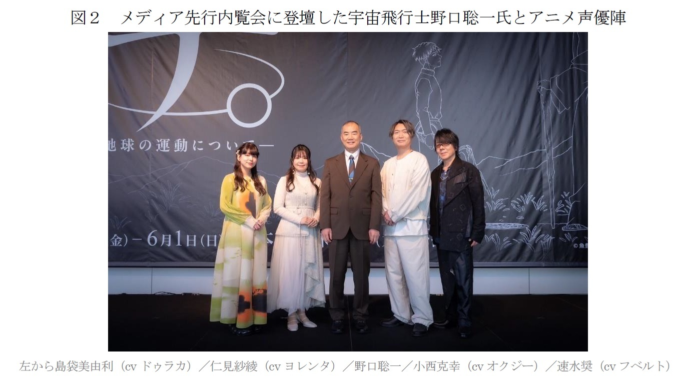 図２　メディア先行内覧会に登壇した宇宙飛行士野口聡一氏とアニメ声優陣