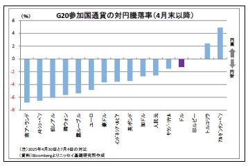 G20参加国通貨の対円騰落率（4月末以降）