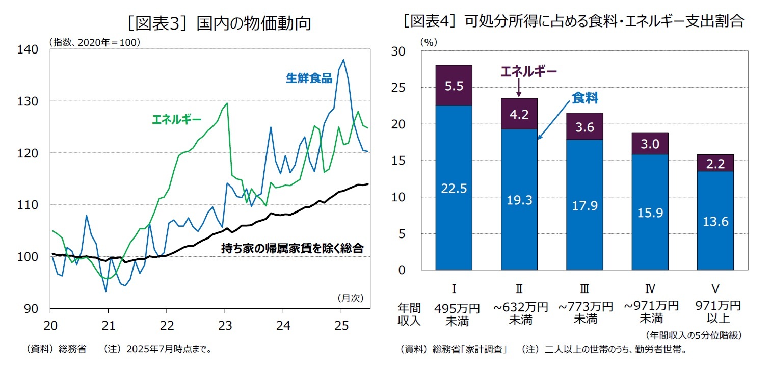 ［図表3］国内の物価動向/［図表4］可処分所得に占める食料・エネルギー支出割合