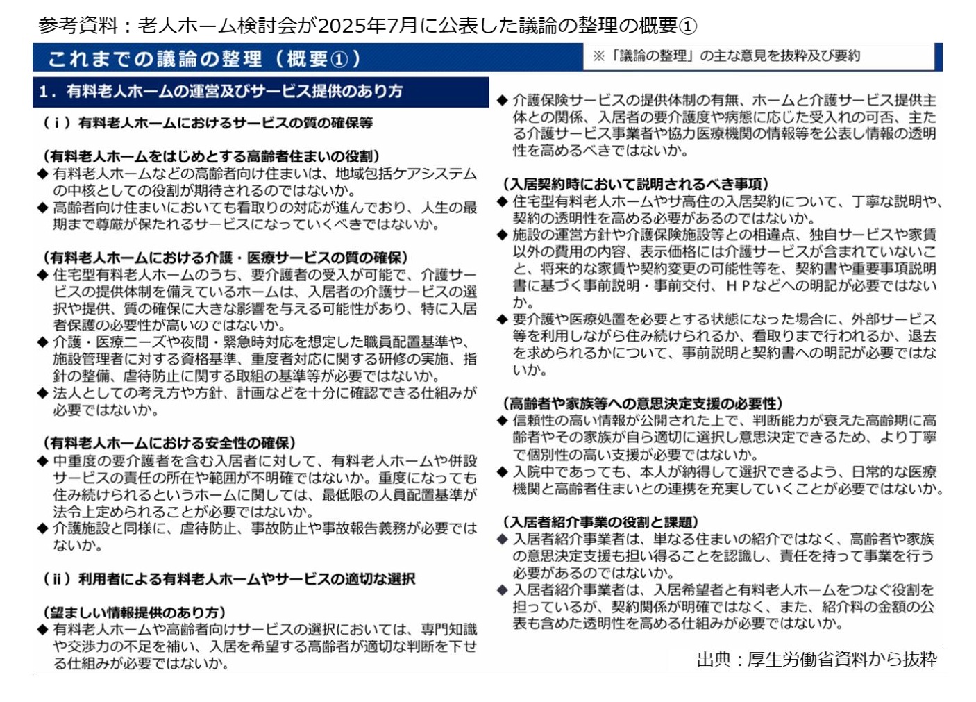 参考資料：老人ホーム検討会が2025年7月に公表した議論の整理の概要(1)