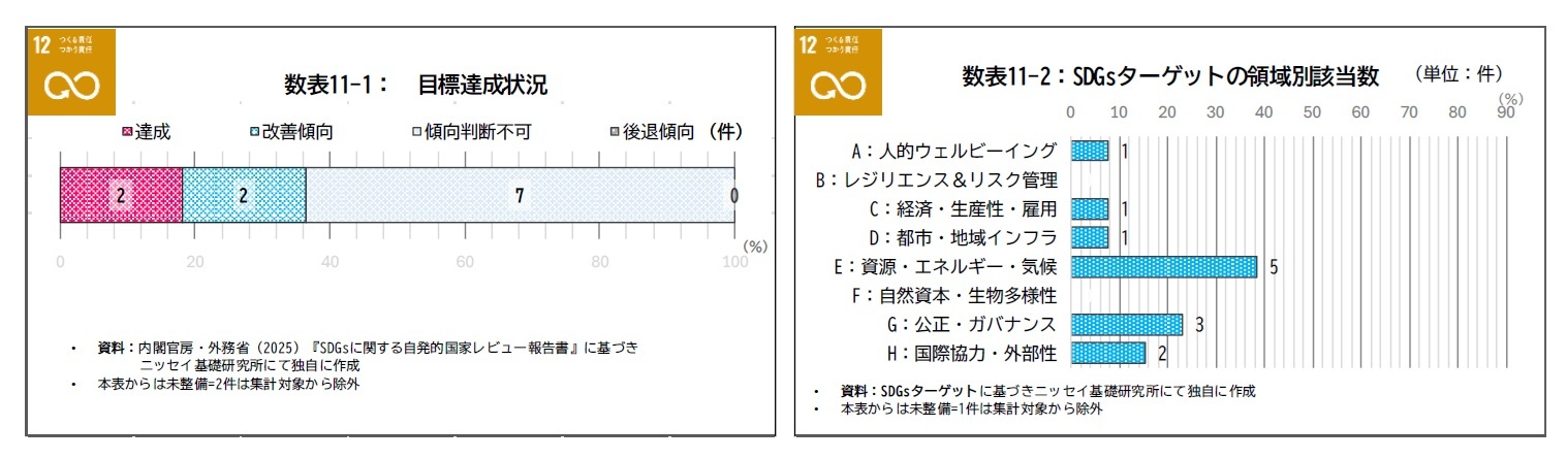 数表11-1：目標達成状況/数表11-2：SDGsターゲットの領域別該当数