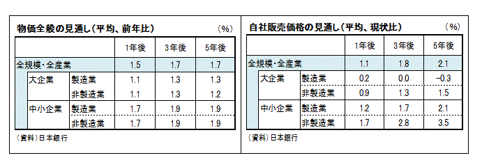 物価全般の見通し（平均、前年比）／自社販売価格の見通し（平均、現状比）