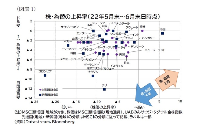 （図表1）株・為替の上昇率（22年5月末～6月末日時点）